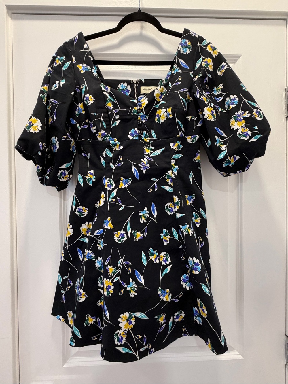 Nicole Black Floral Puff-Sleeve Mini Dress with Blue, Yellow and Green Accents